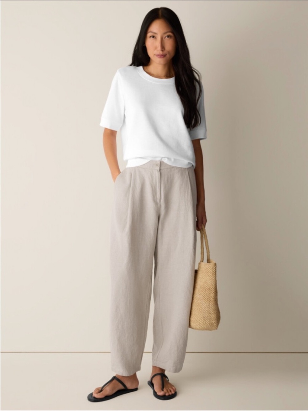 Eileen Fisher 100% Organic Linen Curved Relaxed Trouser in Undyed Natural